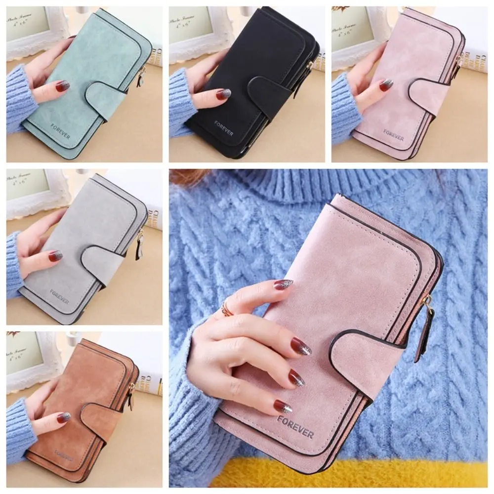 Fashion Frosted Three Folding Wallet Handheld Zipper Credit Card Bag Clutch Bag Phone Bag PU Leather Coin Purse Female