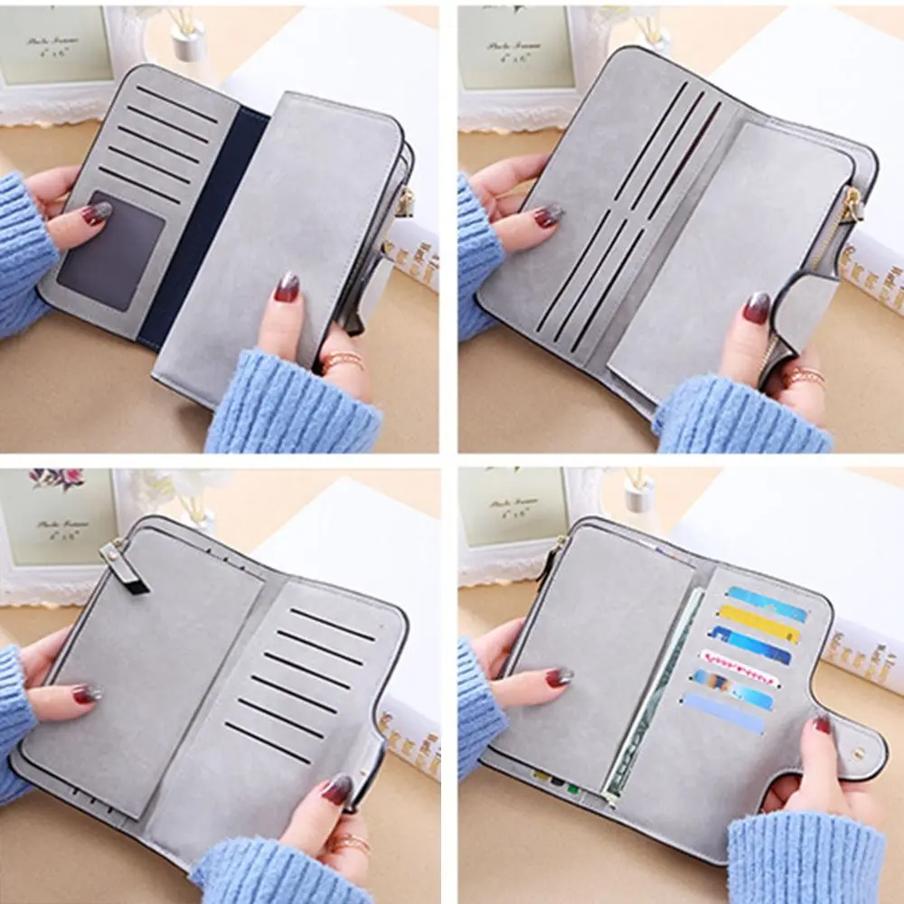 Fashion Frosted Three Folding Wallet Handheld Zipper Credit Card Bag Clutch Bag Phone Bag PU Leather Coin Purse Female