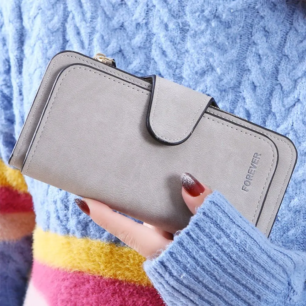 Fashion Frosted Three Folding Wallet Handheld Zipper Credit Card Bag Clutch Bag Phone Bag PU Leather Coin Purse Female