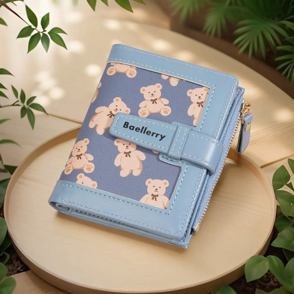 Baellerry Kawaii Daily Wallet Gift - 2025 Bear Printed PU Card Holder, Compact Zipper Organizer for Girls (RFID-Free)