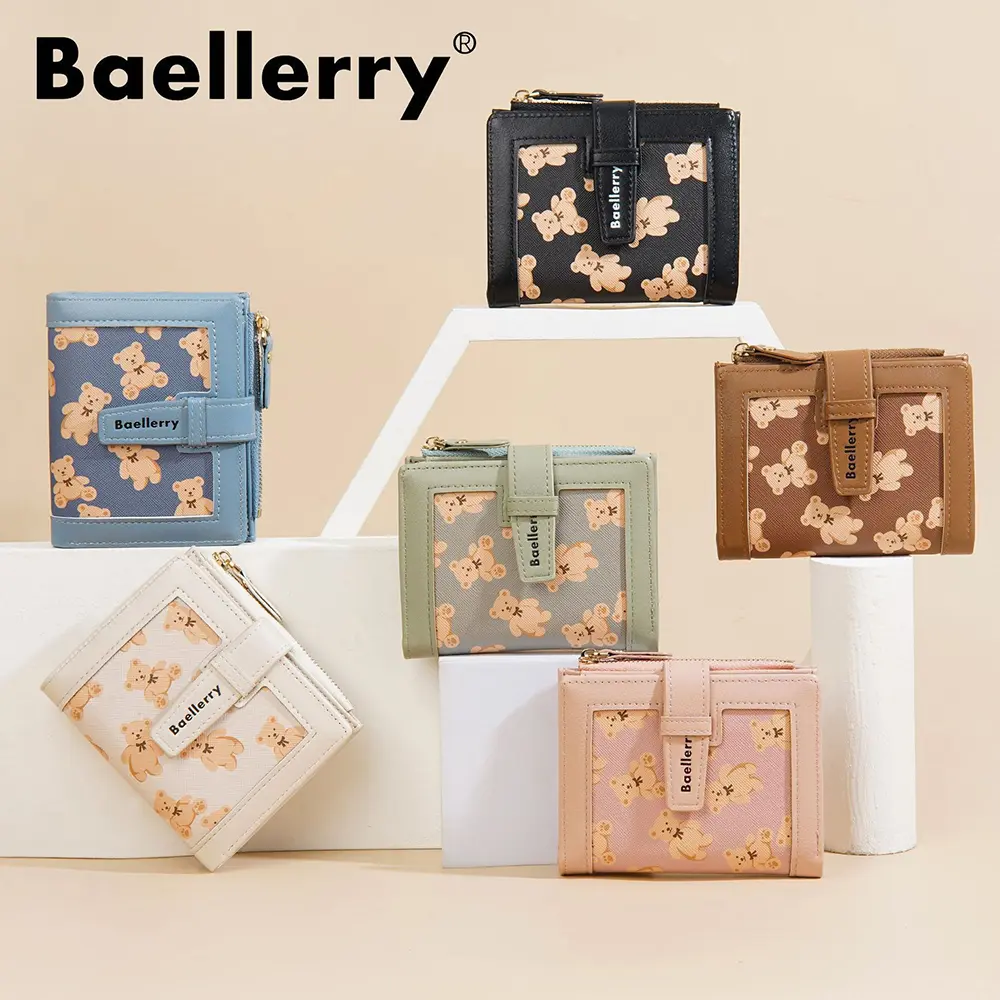 Baellerry Kawaii Daily Wallet Gift - 2025 Bear Printed PU Card Holder, Compact Zipper Organizer for Girls (RFID-Free)