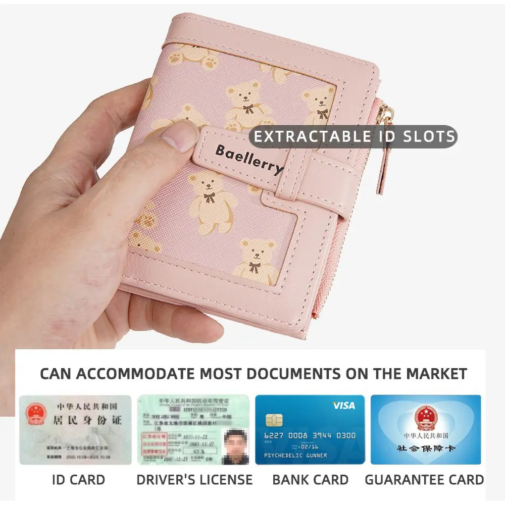 Baellerry Kawaii Daily Wallet Gift - 2025 Bear Printed PU Card Holder, Compact Zipper Organizer for Girls (RFID-Free)