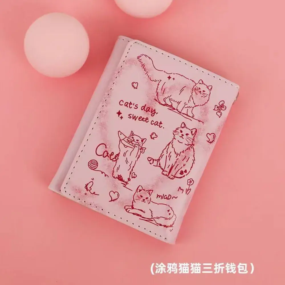 2025 New Women Wallets Female Leather Purses Card Holders Graffiti Cat Portable Coin Purse Large Capacity Money Bag Cute Wallet