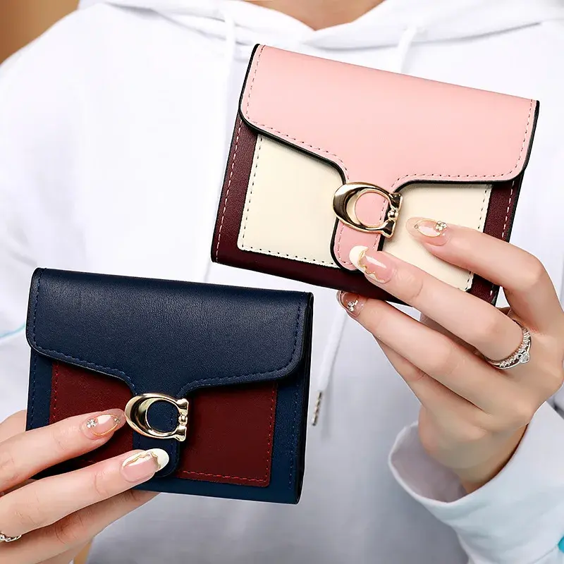 Wholesale Women's Mini Color Block Cropped Wallet Multiple Card Slots Coin Purse Fashionable Lightweight Wallet Clip