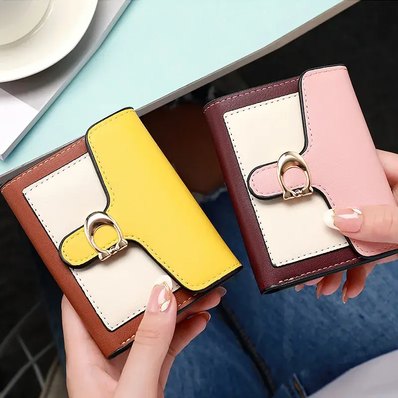 Wholesale Women's Mini Color Block Cropped Wallet Multiple Card Slots Coin Purse Fashionable Lightweight Wallet Clip