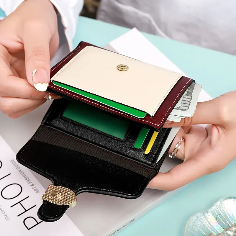 Wholesale Women's Mini Color Block Cropped Wallet Multiple Card Slots Coin Purse Fashionable Lightweight Wallet Clip