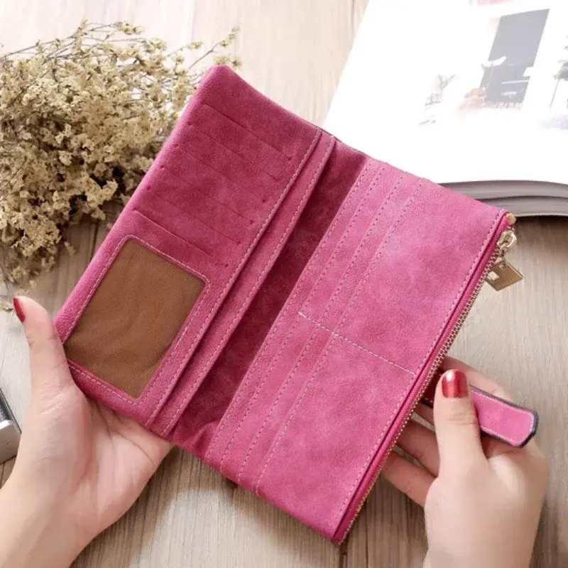 Women's Wallet Long Design Wallet Two-fold Multicolor Clutch Drawstring Nubuck Leather Zipper Women's Wallets 2024 New Fashion