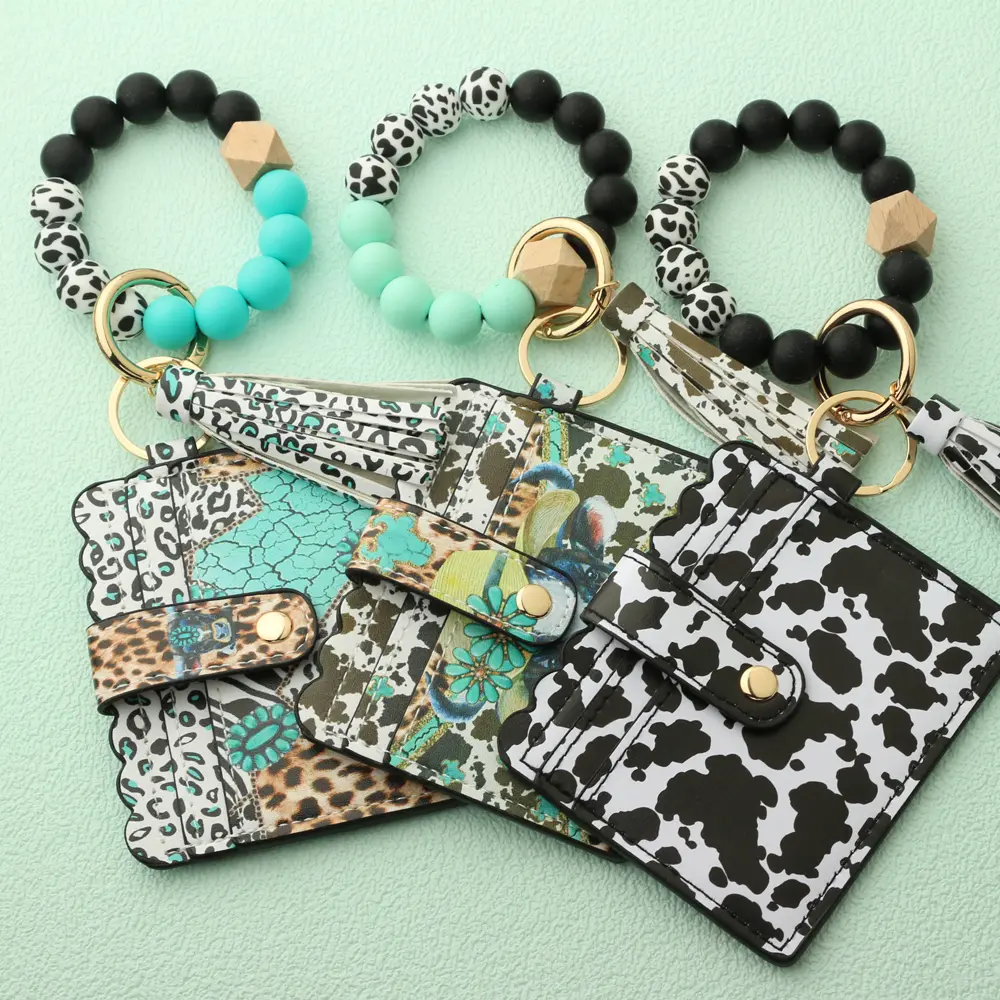 Bull Silicone Beads Bracelet Pu Leather Purse Leopard Print Tassel Cow Wallet Keychain Silicone Beaded ID Card Holder Keychain