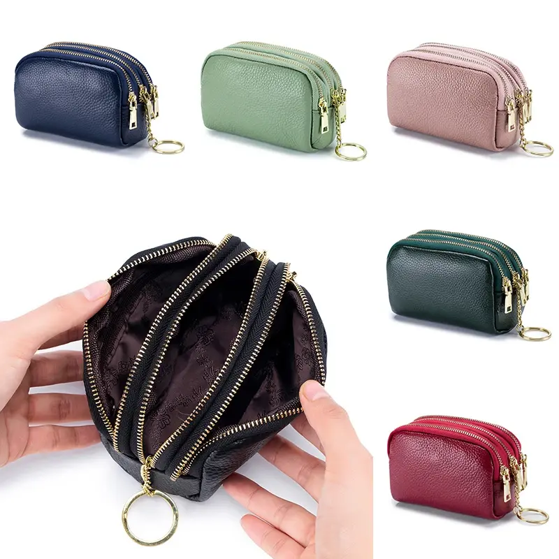 Ladies' Genuine Leather Mini Wallet with Zipper; Short Card, Coin, and Key Pouch