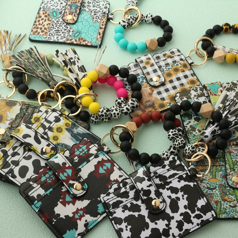 Bull Silicone Beads Bracelet Pu Leather Purse Leopard Print Tassel Cow Wallet Keychain Silicone Beaded ID Card Holder Keychain