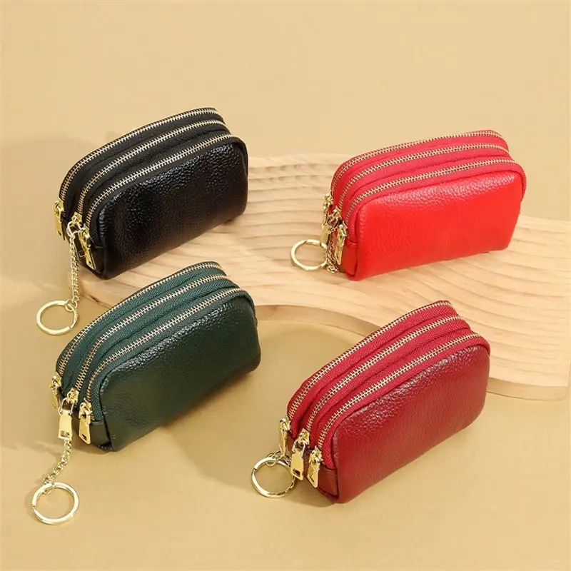 Ladies' Genuine Leather Mini Wallet with Zipper; Short Card, Coin, and Key Pouch