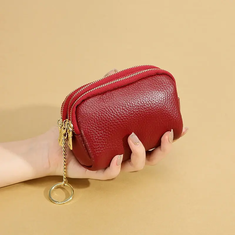 Ladies' Genuine Leather Mini Wallet with Zipper; Short Card, Coin, and Key Pouch