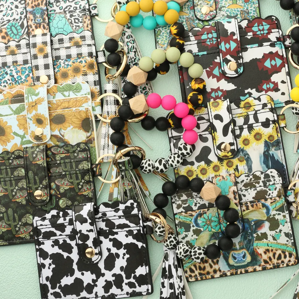 Bull Silicone Beads Bracelet Pu Leather Purse Leopard Print Tassel Cow Wallet Keychain Silicone Beaded ID Card Holder Keychain