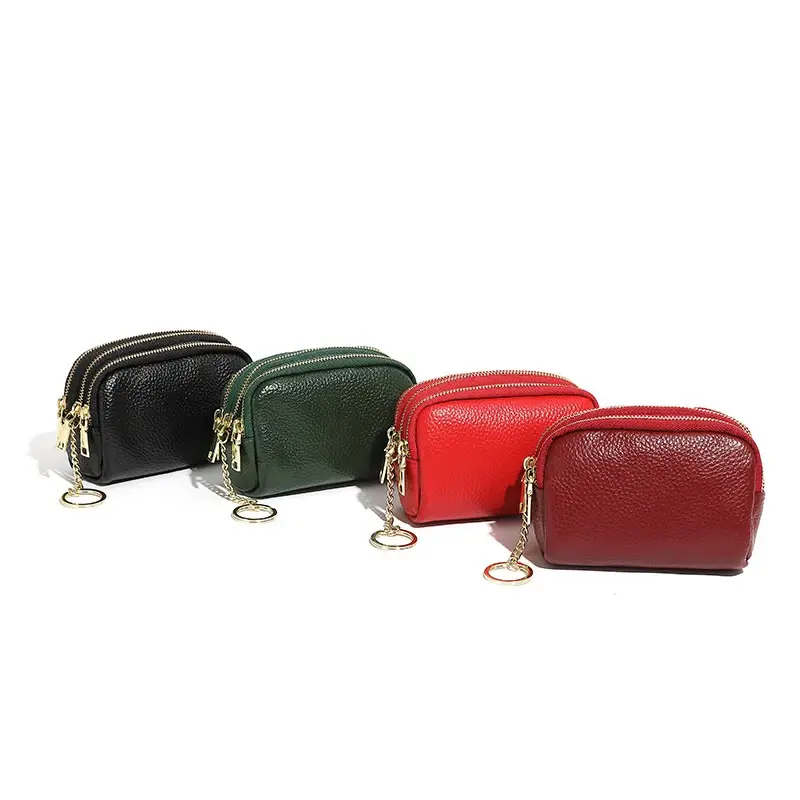 Ladies' Genuine Leather Mini Wallet with Zipper; Short Card, Coin, and Key Pouch