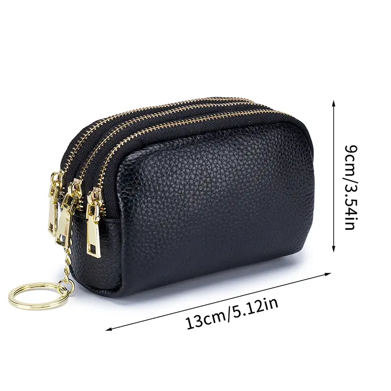 Ladies' Genuine Leather Mini Wallet with Zipper; Short Card, Coin, and Key Pouch