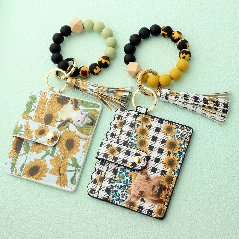Bull Silicone Beads Bracelet Pu Leather Purse Leopard Print Tassel Cow Wallet Keychain Silicone Beaded ID Card Holder Keychain