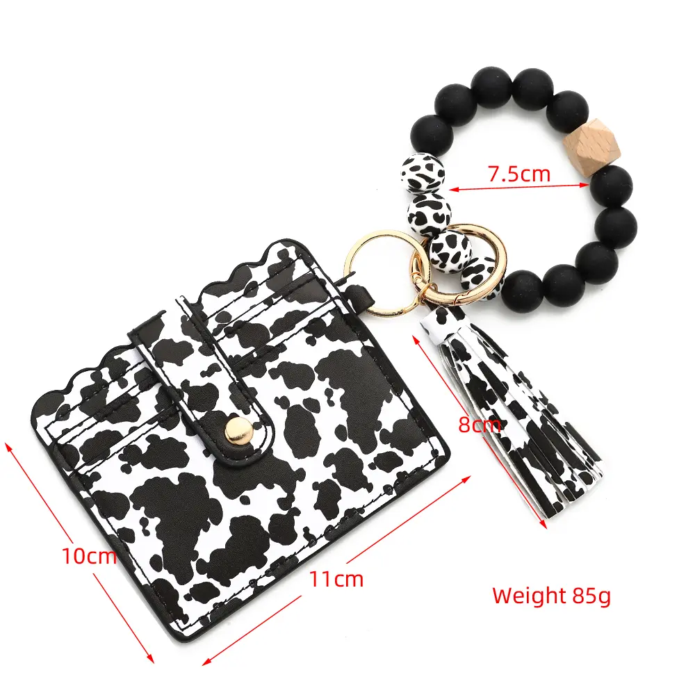 Bull Silicone Beads Bracelet Pu Leather Purse Leopard Print Tassel Cow Wallet Keychain Silicone Beaded ID Card Holder Keychain