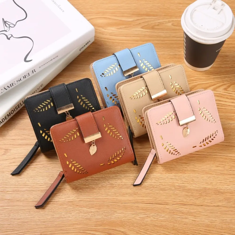 Luxury Women Wallet Leather Purse Short Zipper Clutch Bag Small Hollow Out Leaves Design Fashion Brand Wallets