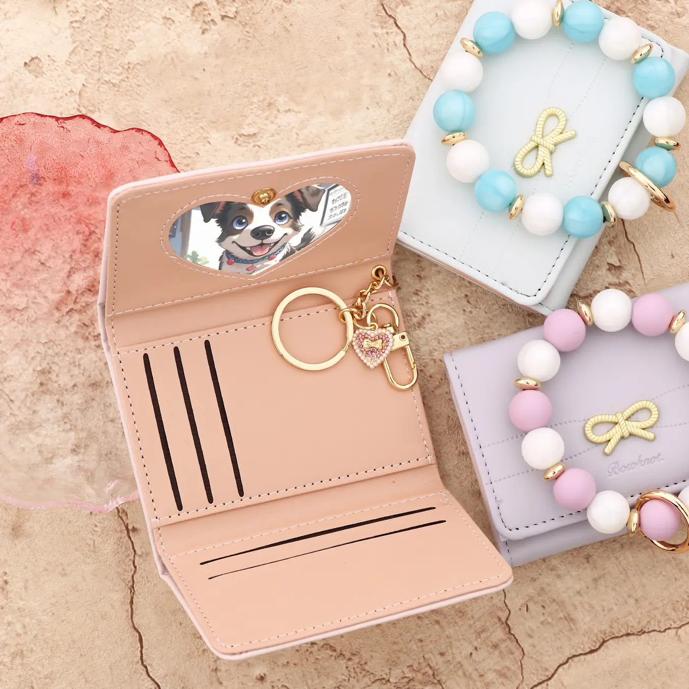 Love pendant bow card bag Leather Card Bag Wristlet Keychain Silicone Beaded Bracelet Leather Tassel Butterfly Wallet Bangle