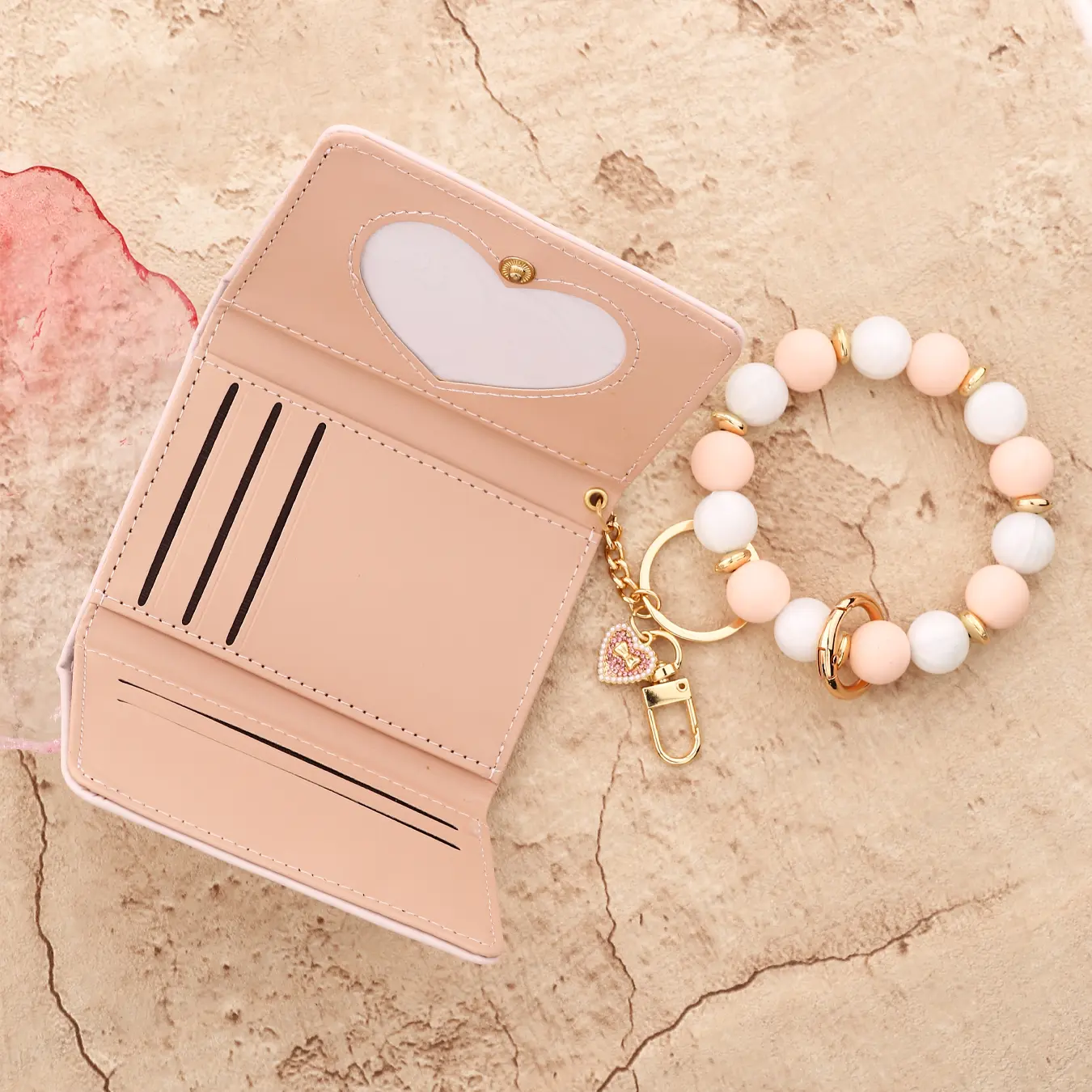 Love pendant bow card bag Leather Card Bag Wristlet Keychain Silicone Beaded Bracelet Leather Tassel Butterfly Wallet Bangle