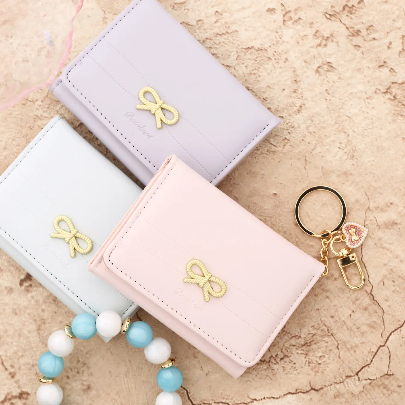 Love pendant bow card bag Leather Card Bag Wristlet Keychain Silicone Beaded Bracelet Leather Tassel Butterfly Wallet Bangle