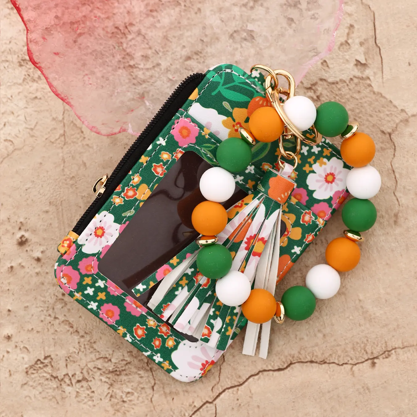 2025Silicone bead pu leather key chain wristlet id credit card holder keychain wallet for women  Pink Flower Print Wallet