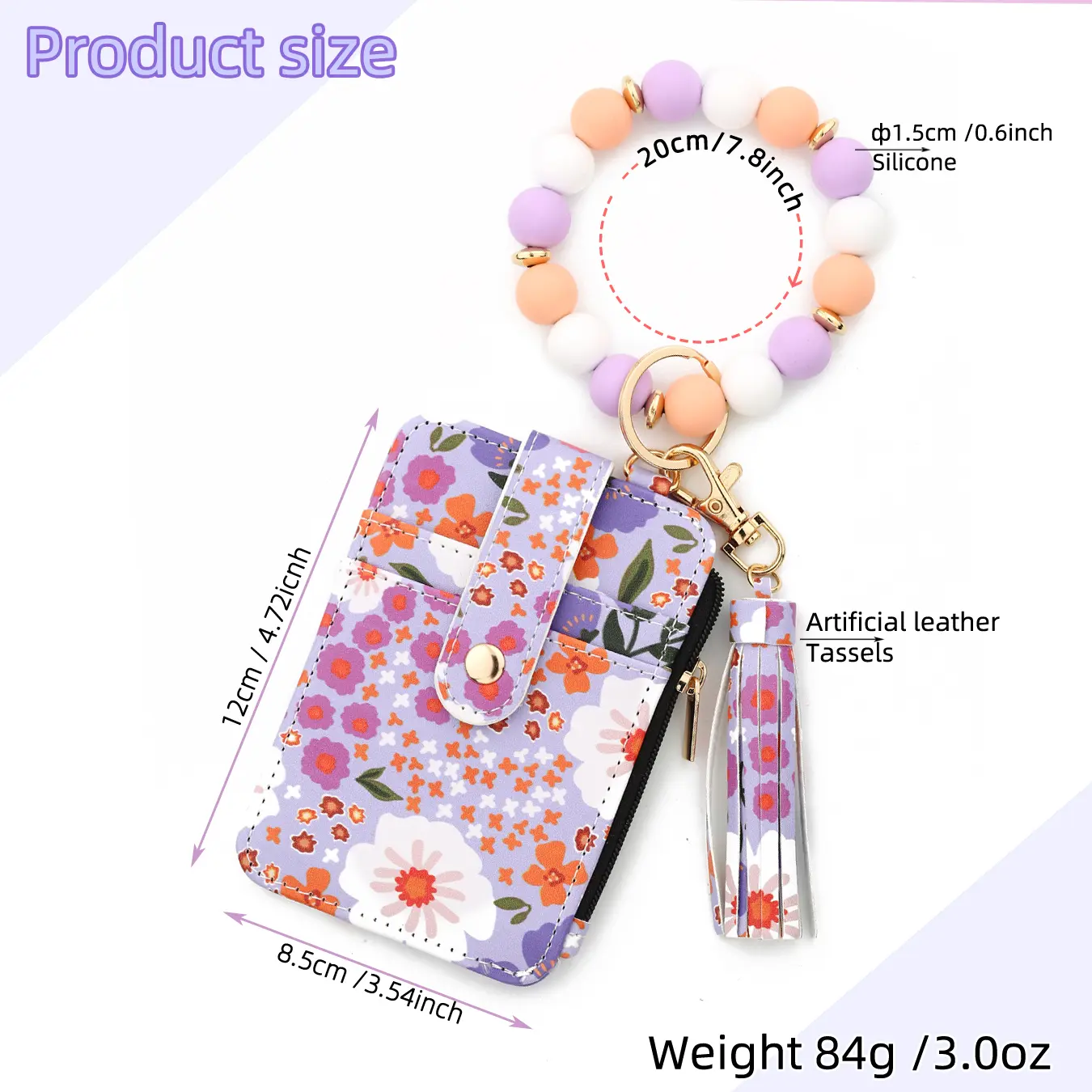 2025Silicone bead pu leather key chain wristlet id credit card holder keychain wallet for women  Pink Flower Print Wallet