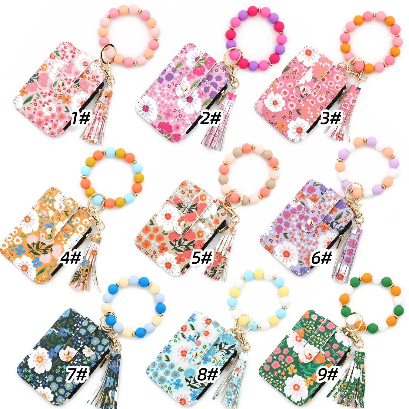 2025Silicone bead pu leather key chain wristlet id credit card holder keychain wallet for women  Pink Flower Print Wallet