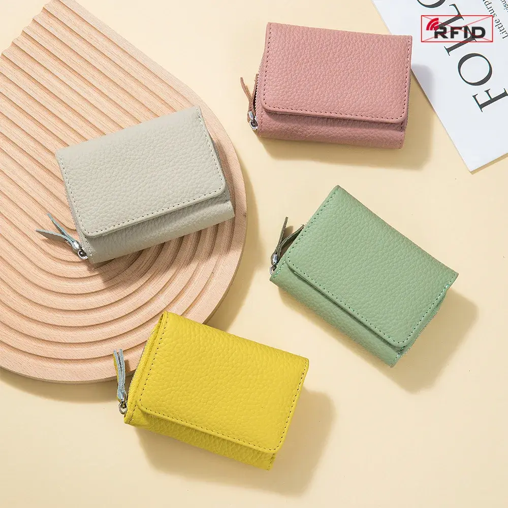 Genuine Leather RFID Short Wallets Card Holder Bag Portable Cowhide Small Zipper Money Coin Purse for Men Women Earphone Pouch