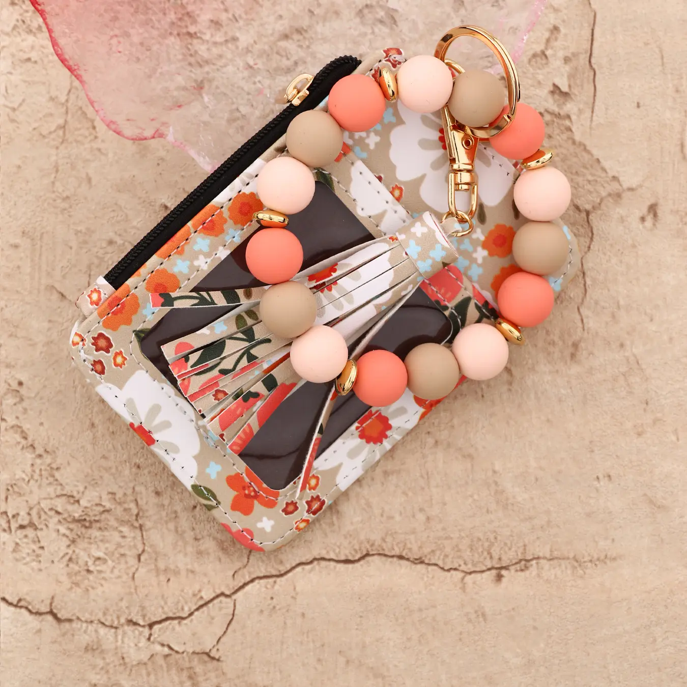 2025Silicone bead pu leather key chain wristlet id credit card holder keychain wallet for women  Pink Flower Print Wallet