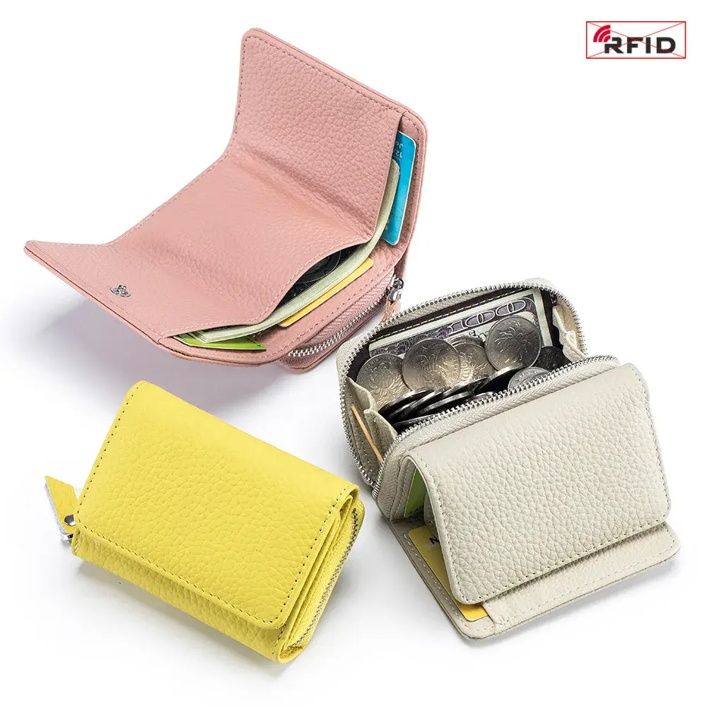 Genuine Leather RFID Short Wallets Card Holder Bag Portable Cowhide Small Zipper Money Coin Purse for Men Women Earphone Pouch
