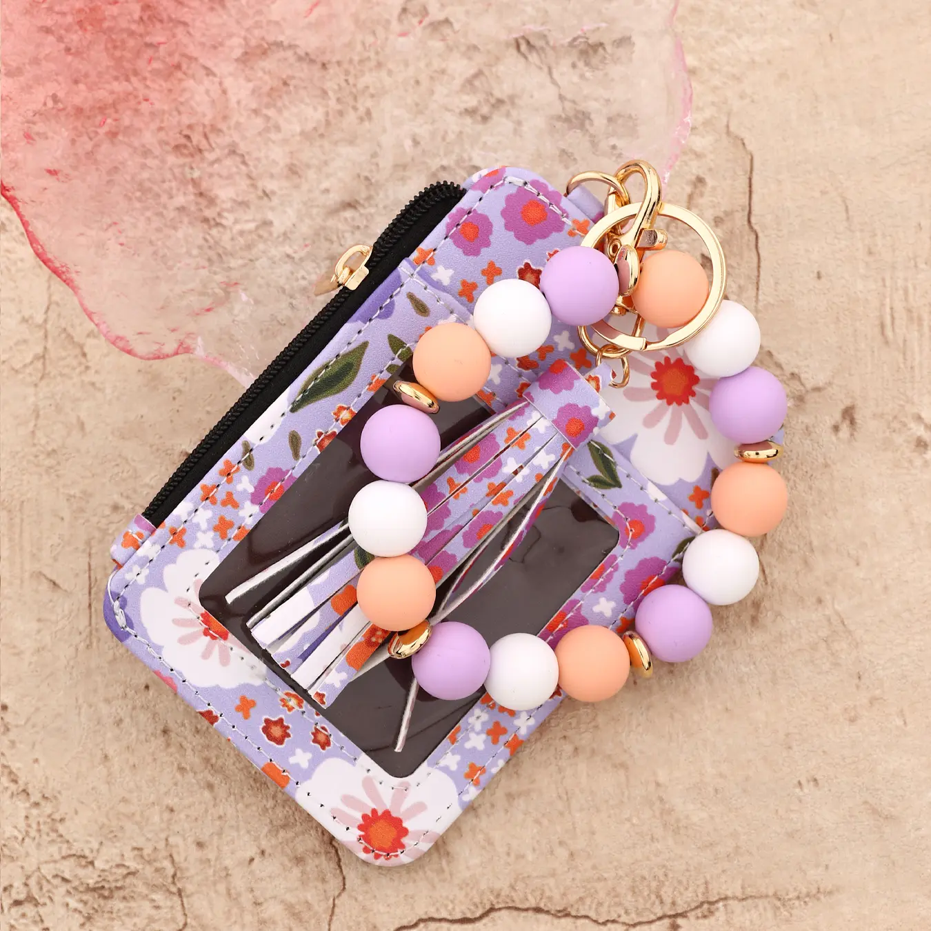 2025Silicone bead pu leather key chain wristlet id credit card holder keychain wallet for women  Pink Flower Print Wallet