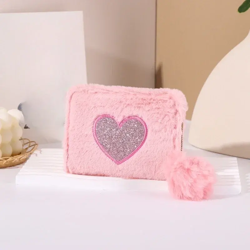 Girls Cute Plush Heart Print Wallet Children's Zipper Coin Purse with Card Holder Clutch Bag Mini Purse Coin Pouch Card Wallet