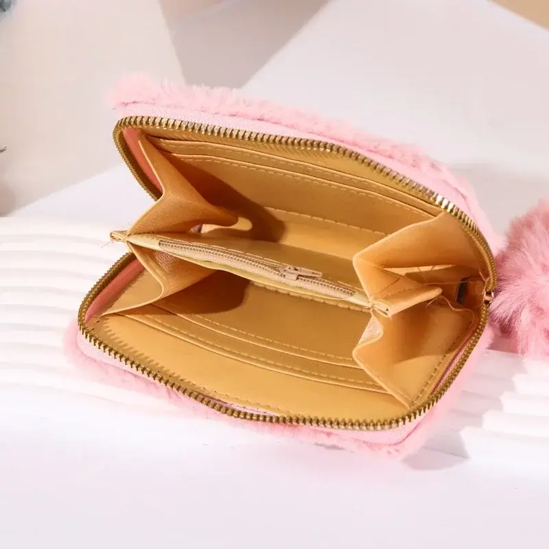 Girls Cute Plush Heart Print Wallet Children's Zipper Coin Purse with Card Holder Clutch Bag Mini Purse Coin Pouch Card Wallet