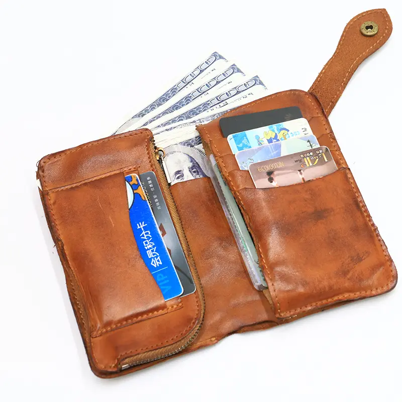 100% Genuine Leather Women's Wallet Vintage Cowhide Large Capacity Short Bifold Female Purse Card Holder With Zipper Coin Pocket