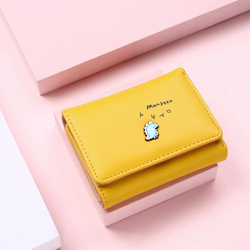 Women Short Wallet Little Dinosaur Design Small Purse Cute Simple Bank Credit Card Holder Tri-Fold Fastener Mini Money Bag