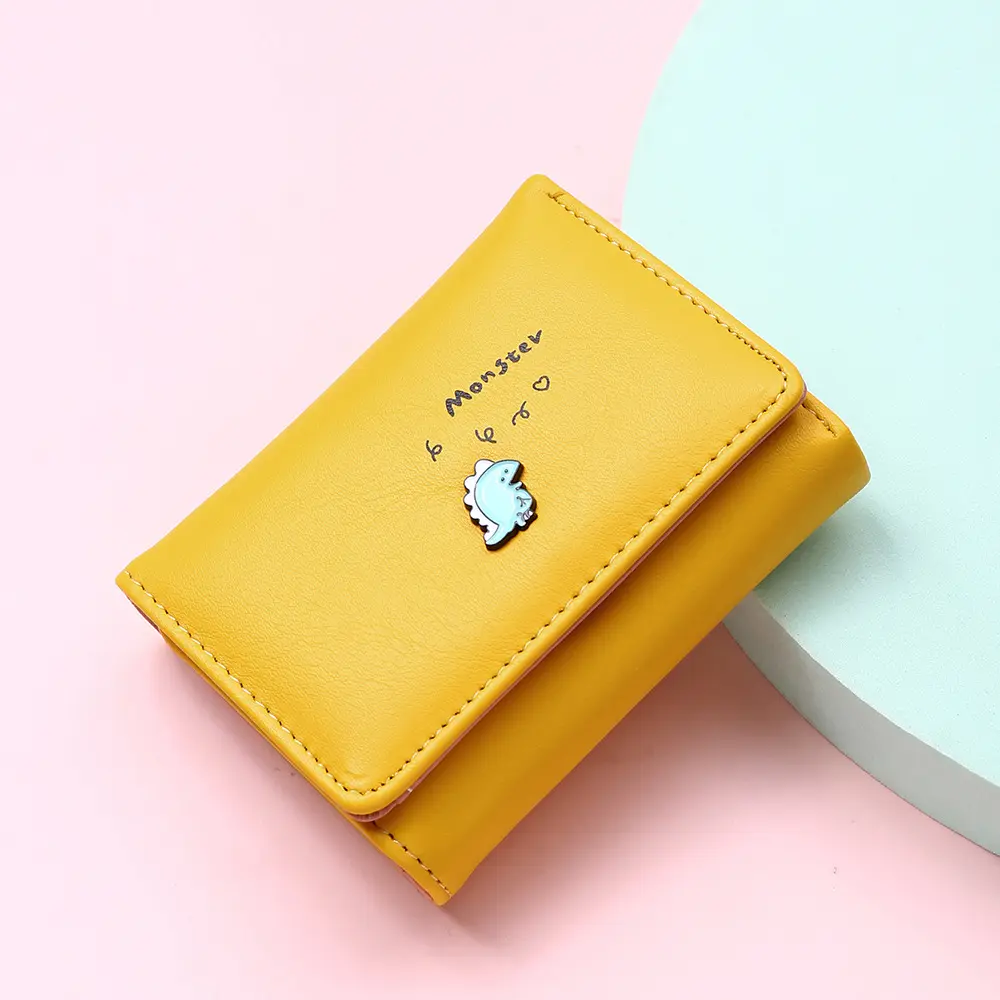 Women Short Wallet Little Dinosaur Design Small Purse Cute Simple Bank Credit Card Holder Tri-Fold Fastener Mini Money Bag
