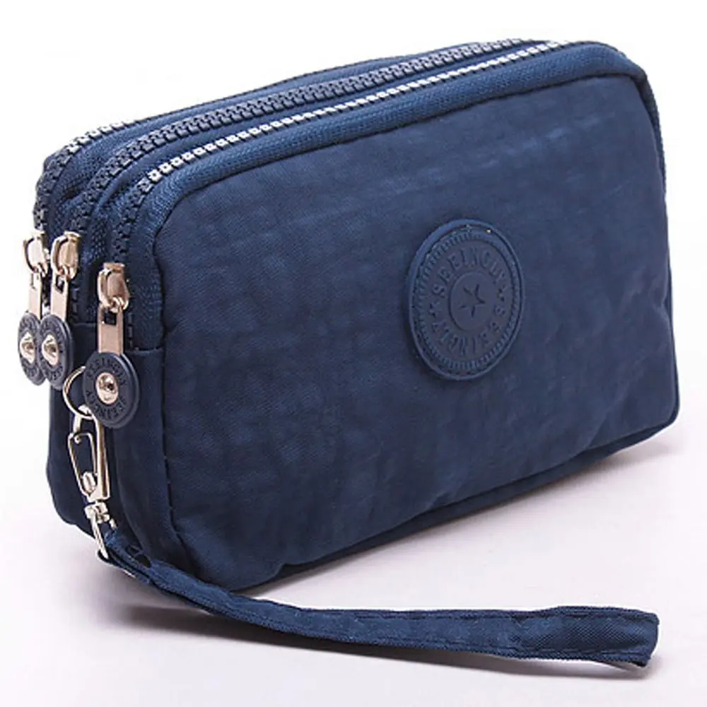 Fashion Solid Color Three Zippers Coin Purse Women Wrinkle Fabric Purse Portable Small Wallet Make Up Bag