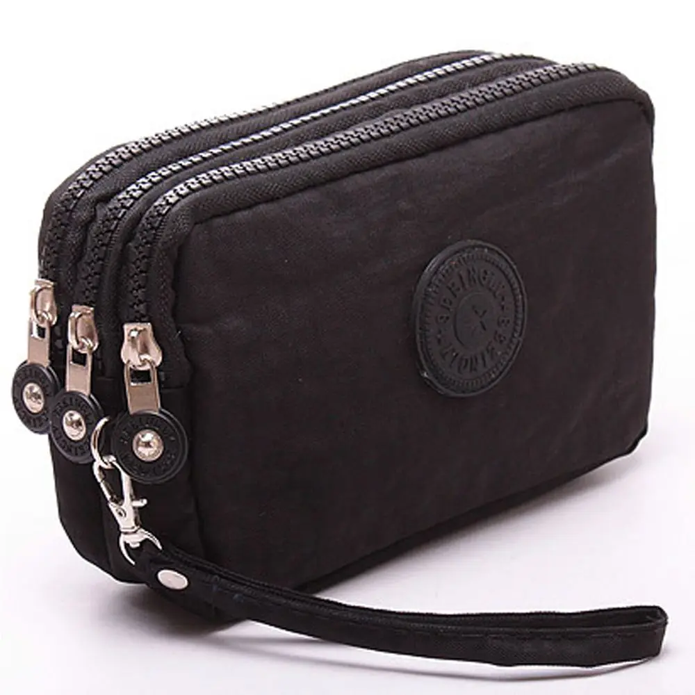 Fashion Solid Color Three Zippers Coin Purse Women Wrinkle Fabric Purse Portable Small Wallet Make Up Bag