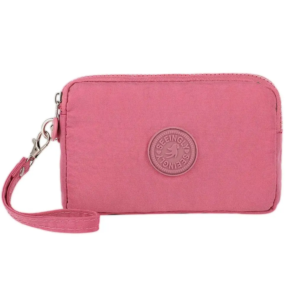 Fashion Solid Color Three Zippers Coin Purse Women Wrinkle Fabric Purse Portable Small Wallet Make Up Bag