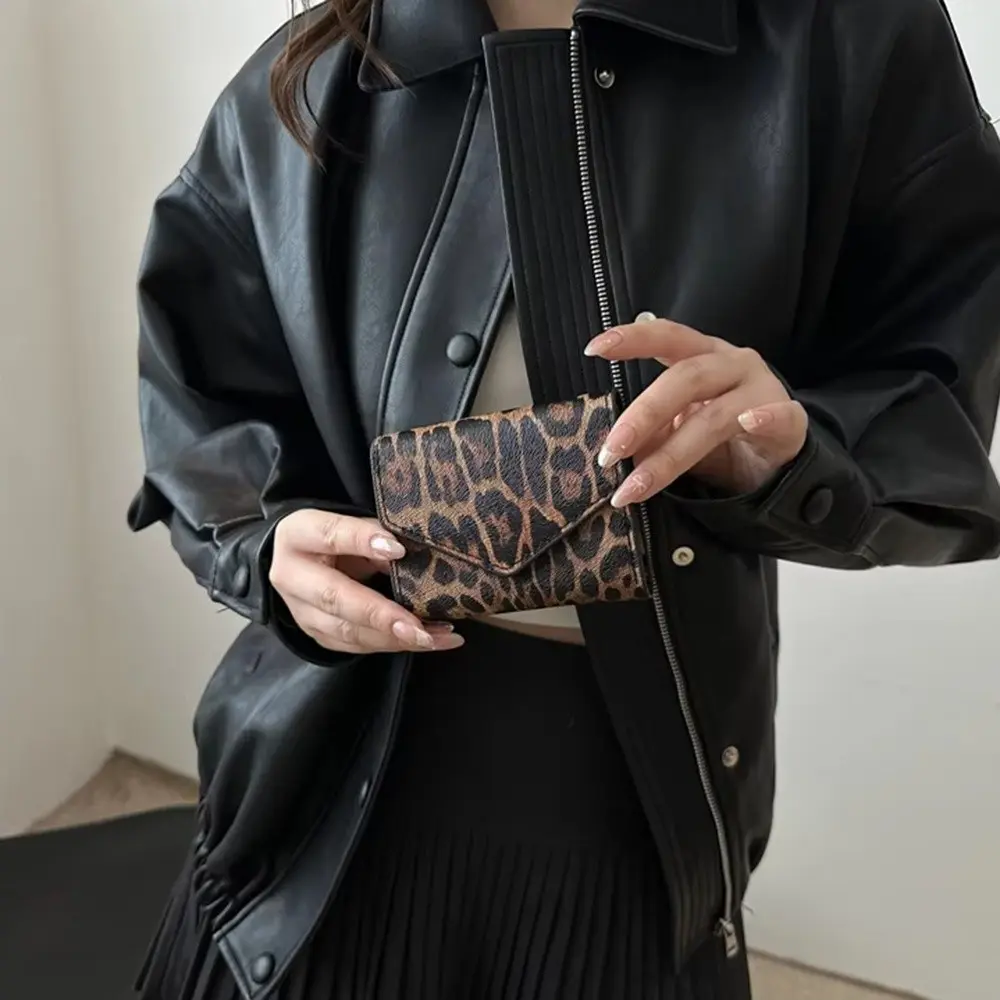 Mini Elegant Leopard Short Wallet Korean Style Card Holder Envelope Clutch Bag Handbag PU Leather Coin Purse Women