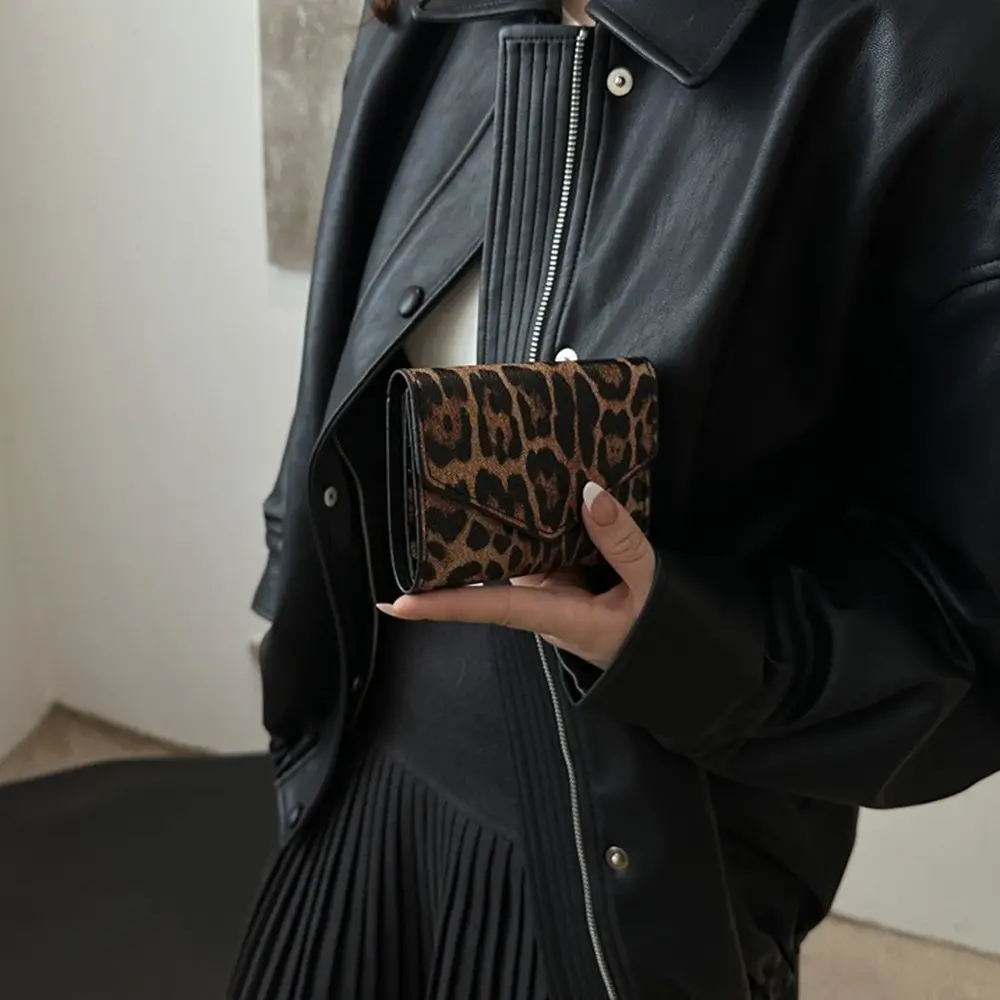 Mini Elegant Leopard Short Wallet Korean Style Card Holder Envelope Clutch Bag Handbag PU Leather Coin Purse Women
