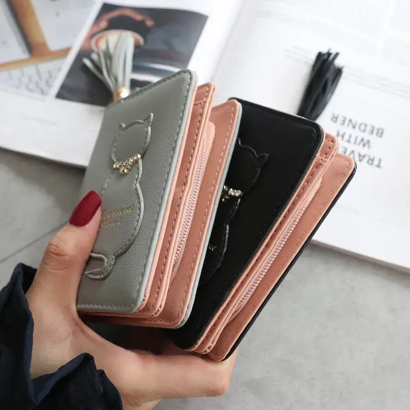 Fashionable Women Cat Decoration Tassel Short Folding Wallet New Buckle Casual Multifunctional Card Bags Cute Printed Coin Purse