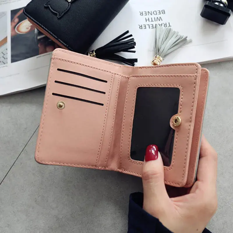 Fashionable Women Cat Decoration Tassel Short Folding Wallet New Buckle Casual Multifunctional Card Bags Cute Printed Coin Purse