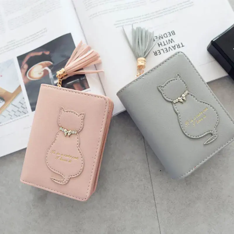 Fashionable Women Cat Decoration Tassel Short Folding Wallet New Buckle Casual Multifunctional Card Bags Cute Printed Coin Purse