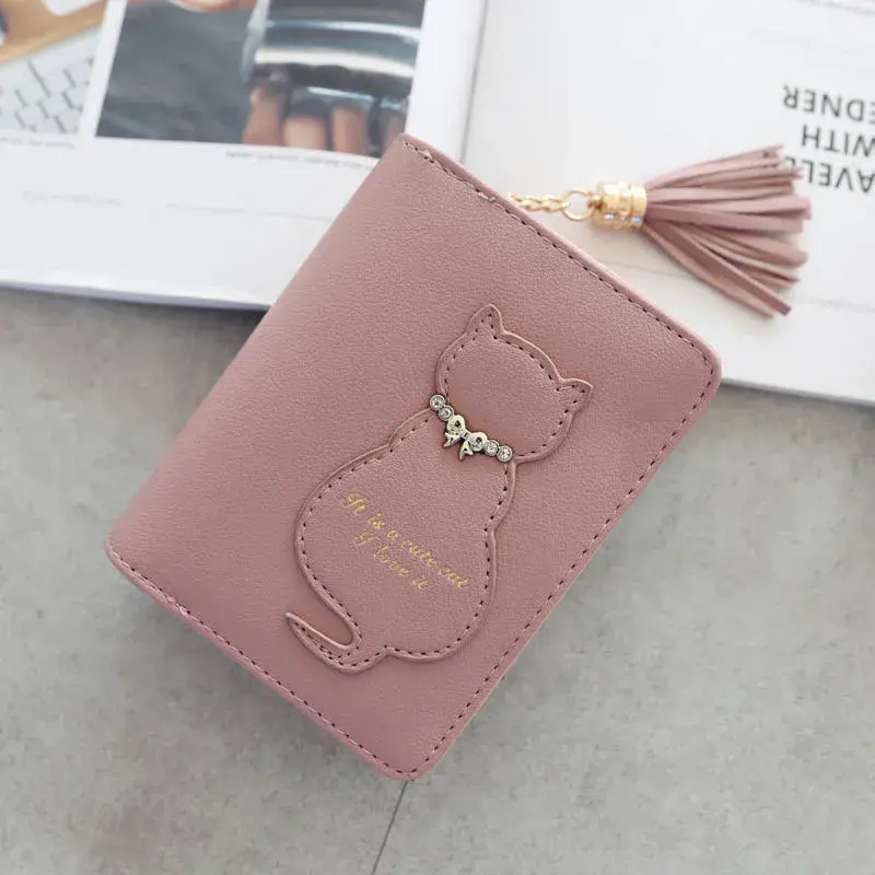 Fashionable Women Cat Decoration Tassel Short Folding Wallet New Buckle Casual Multifunctional Card Bags Cute Printed Coin Purse