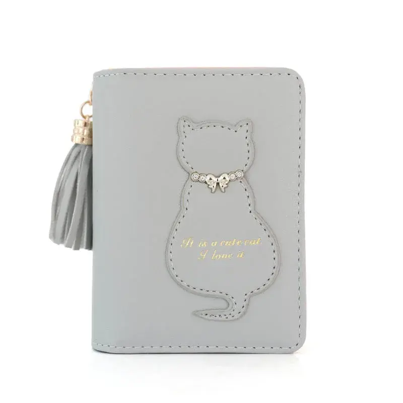 Fashionable Women Cat Decoration Tassel Short Folding Wallet New Buckle Casual Multifunctional Card Bags Cute Printed Coin Purse