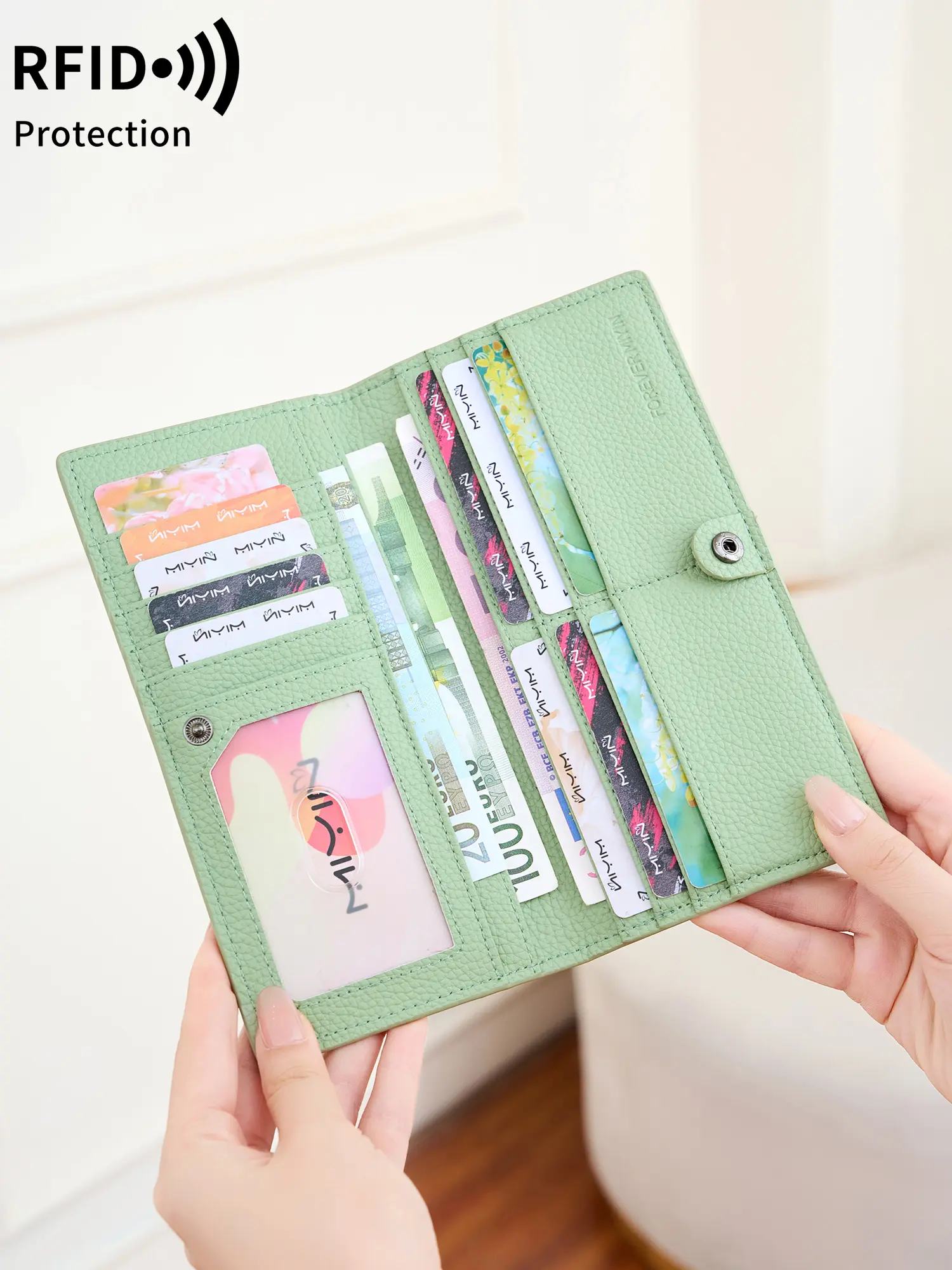 New RFID Blocking Women'S Wallet Minimalism Litchi pattern Long Wallet Ultrathin Portable Card Holder Fashion Oilwaxskin Handbag