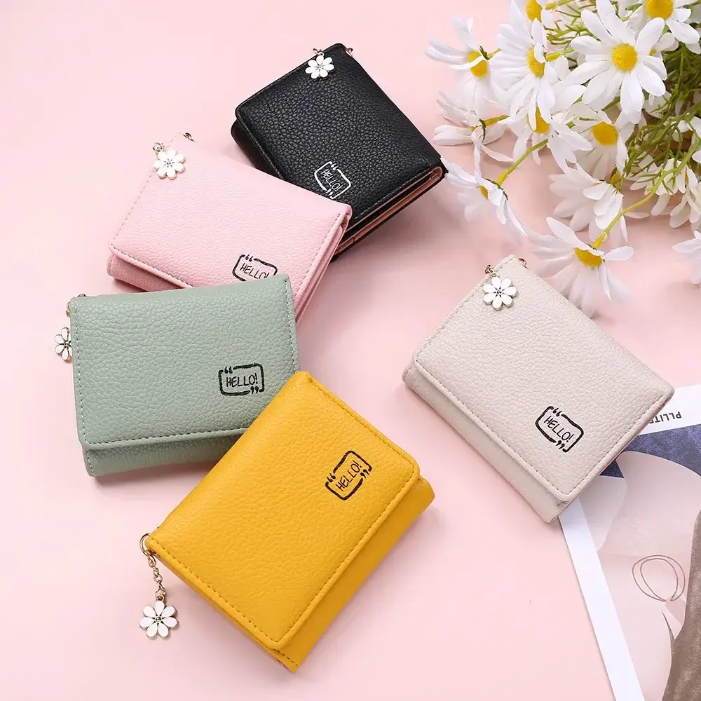 Fashion Women's Short Wallet Ladies Small Card Holder Print Lychee Pattern Cute Yellow Two-fold Flower Tassel Female Coin Bags