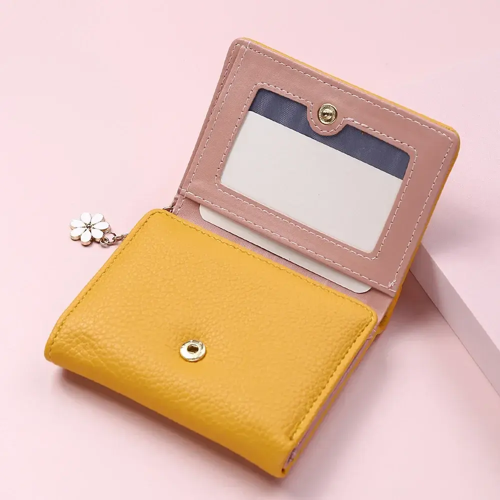 Fashion Women's Short Wallet Ladies Small Card Holder Print Lychee Pattern Cute Yellow Two-fold Flower Tassel Female Coin Bags